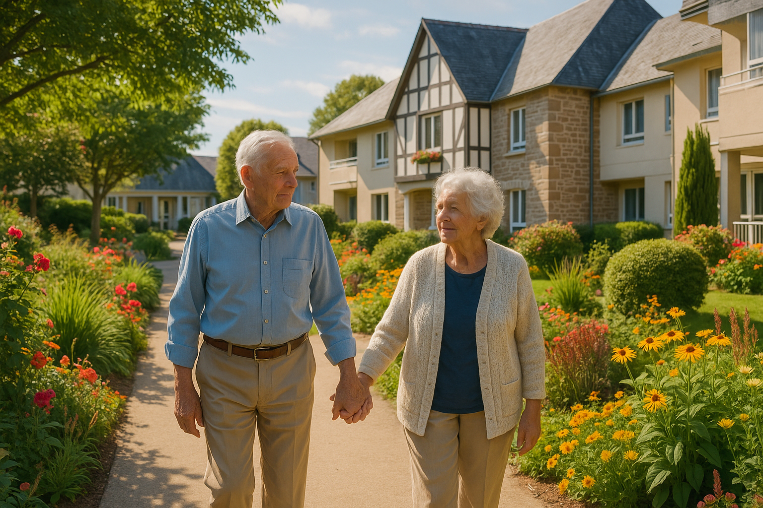 Couple âgé marchant main dans la main dans un jardin breton