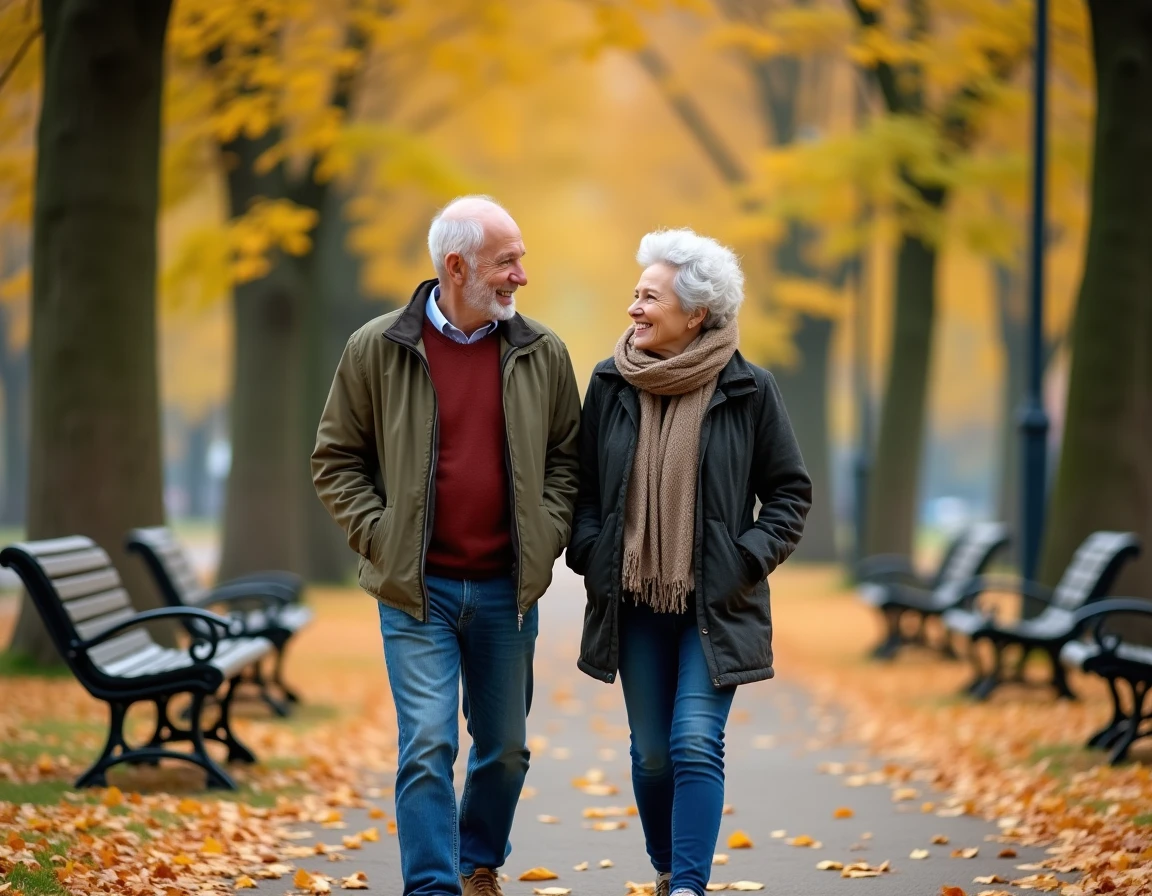 Couple de futurs retraités se promenant sereinement dans un parc, évoquant la liberté de la retraite Agirc-Arrco 2026