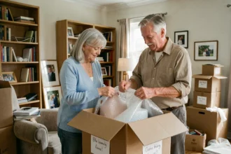 Couple de retraités en train d'emballer leurs affaires dans des cartons lors d'un déménagement à domicile