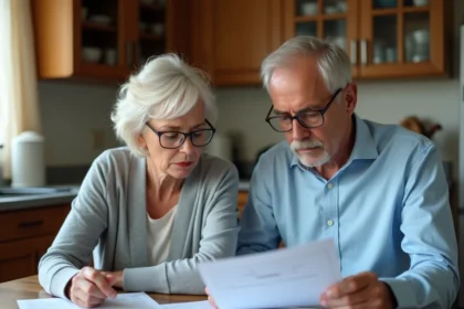 Couple de retraités examinant leurs documents de retraite complémentaire Agirc-Arrco à la maison