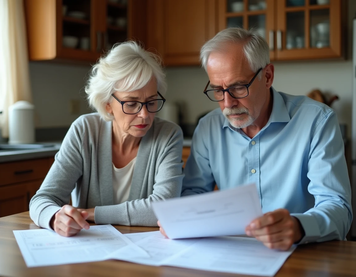 Couple de retraités examinant leurs documents de retraite complémentaire Agirc-Arrco à la maison