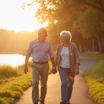 Couple retire souriant marchant au bord du lac ensoleille