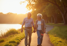 Couple retire souriant marchant au bord du lac ensoleille