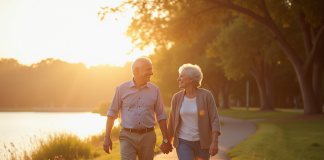 Couple retire souriant marchant au bord du lac ensoleille