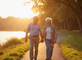 Couple retire souriant marchant au bord du lac ensoleille