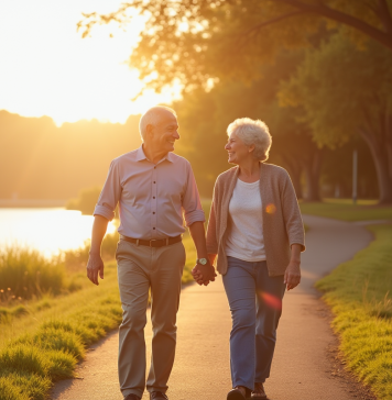 Couple retire souriant marchant au bord du lac ensoleille