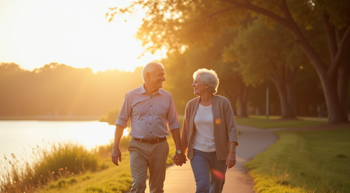 Couple retire souriant marchant au bord du lac ensoleille