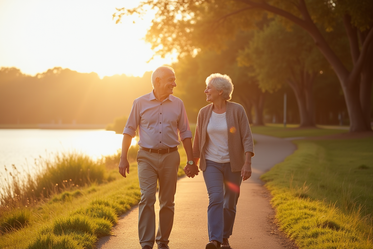 Couple retire souriant marchant au bord du lac ensoleille