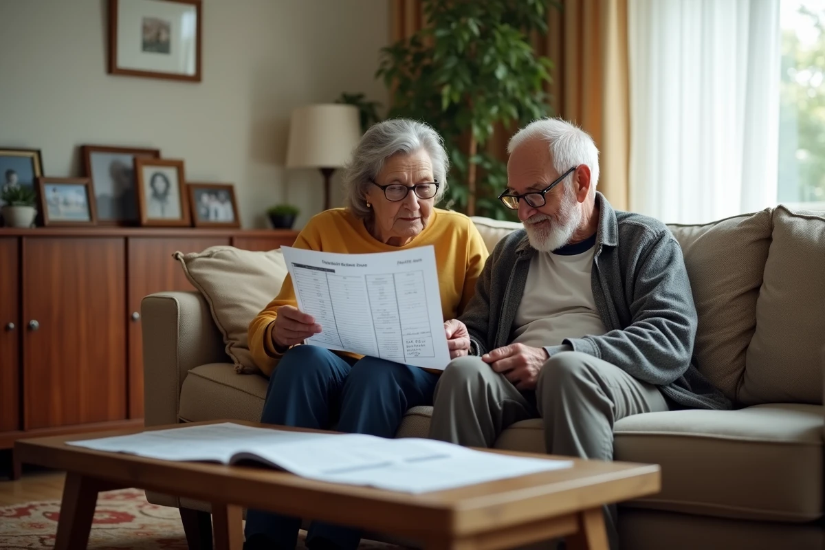 Un couple de retraités étudie ensemble une simulation ASPA et la gestion de leur argent placé dans leur salon