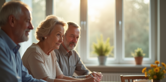 Couple senior discutant à une table en lumière naturelle