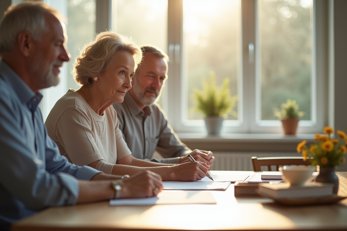 Couple senior discutant à une table en lumière naturelle