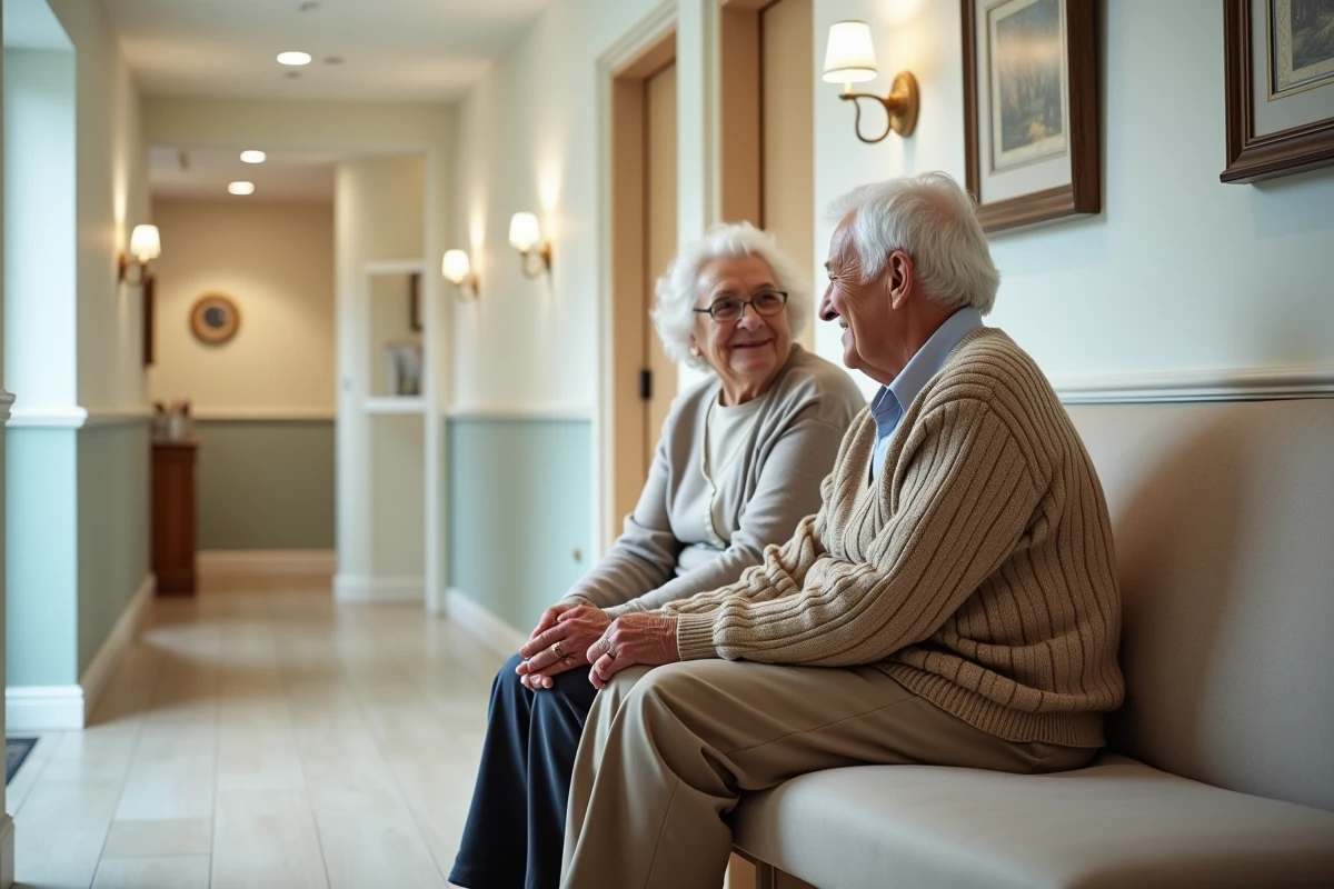 Couple senior tenant main dans un couloir de maison de soin