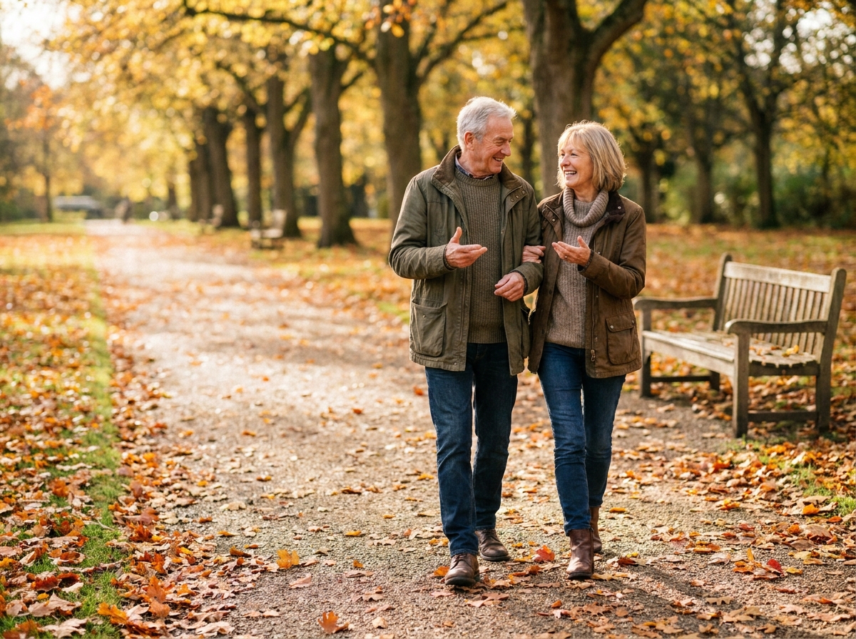 Couple de seniors en promenade automnale dans un parc, partageant une conversation naturelle illustrant l'autonomie et la qualité de vie auditive après 60 ans