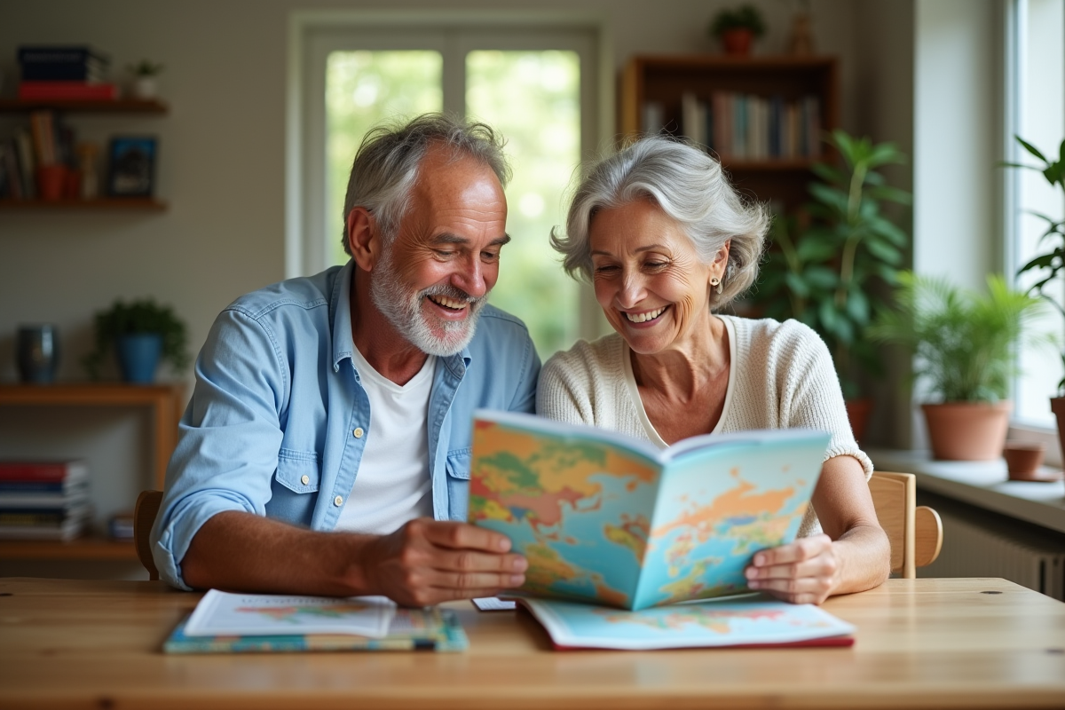 Couple retraité souriant examinant brochures de voyage à la maison