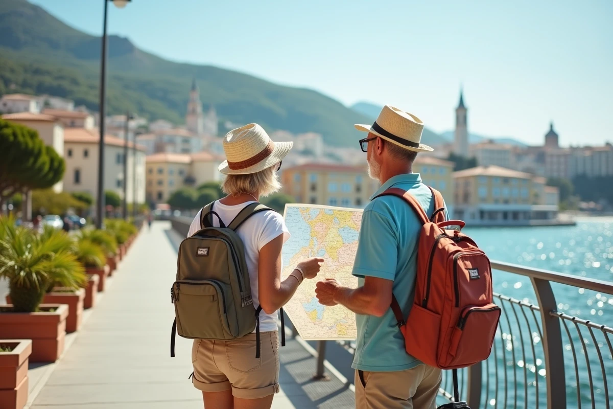 Couple retraité planifiant leur voyage sur un pont en ville