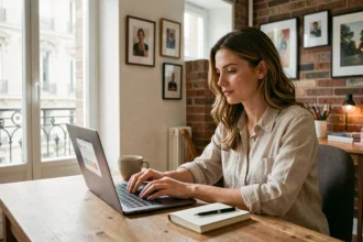 Femme créant une sortie sur une plateforme communautaire parisienne depuis son appartement