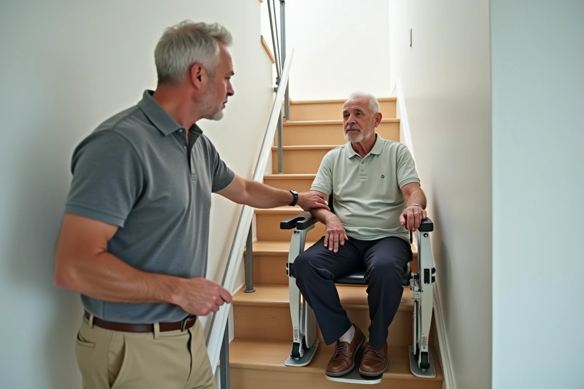 Démonstration d'un monte escalier mobile pliable dans un escalier d'appartement étroit avec deux hommes adultes