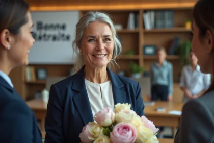 Collègues réunis pour célébrer le départ à la retraite d'une femme touchée par l'émotion tenant un bouquet de fleurs au bureau