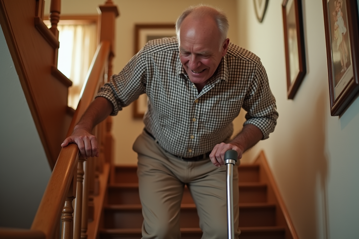 Homme âgé descend un escalier dans une maison chaleureuse