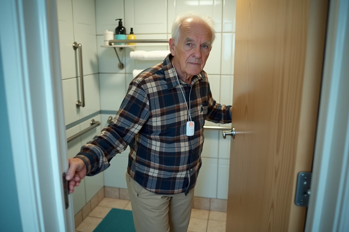 Senior homme portant un détecteur de chute pendentif près d'une salle de bain équipée de barres d'appui