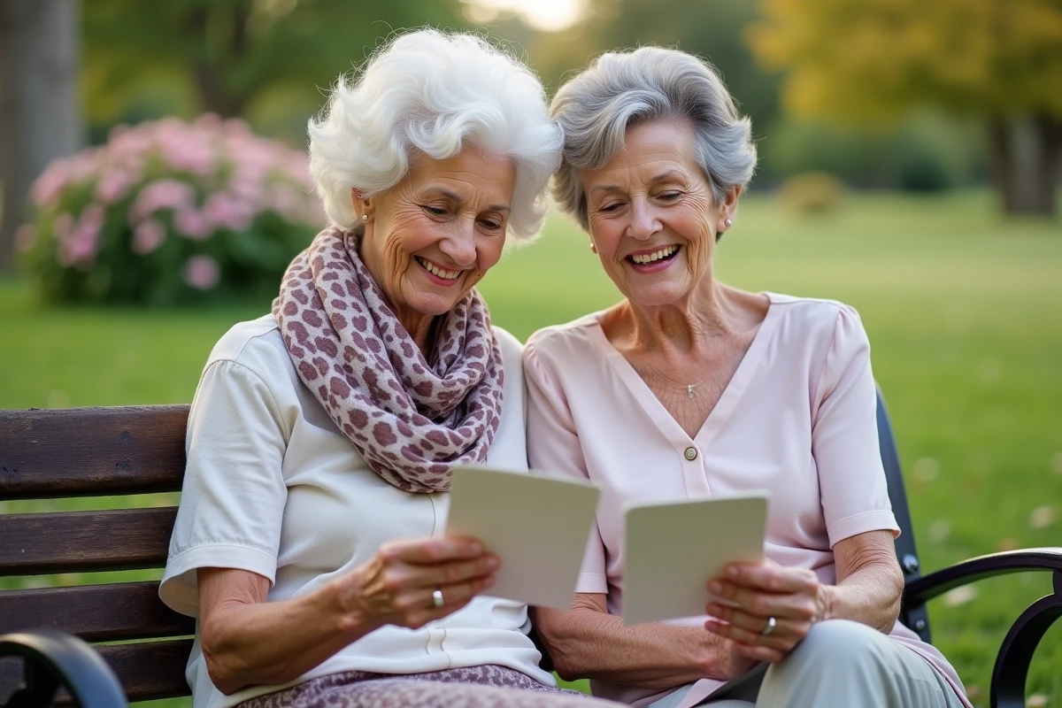 Deux grand-meres lisant des poèmes dans un parc ensoleille