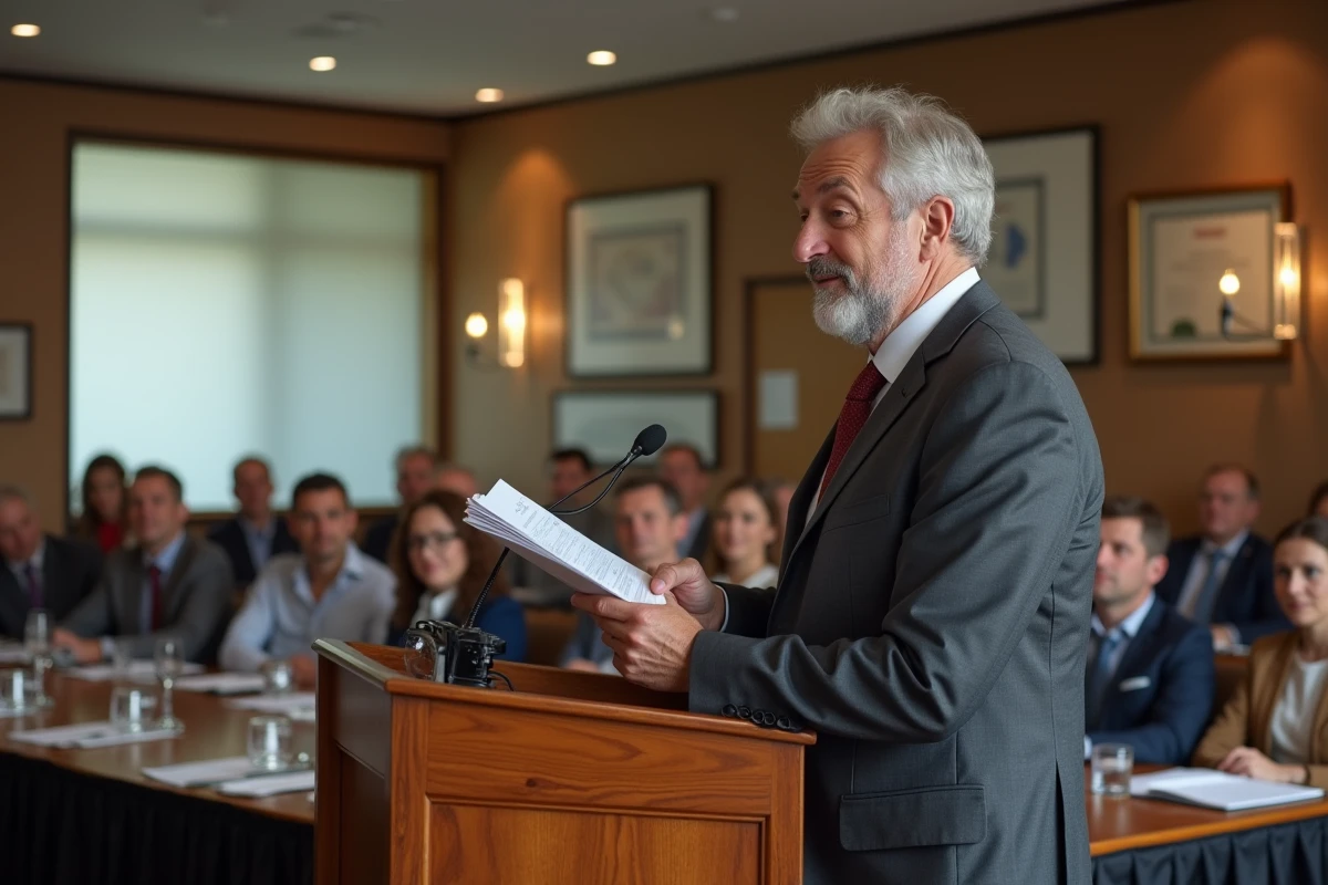 Homme prononçant un discours émouvant lors de son pot de départ à la retraite devant ses collègues réunis en salle de réunion