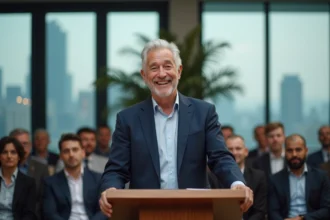 Homme senior prononçant un discours de départ en retraite devant ses collègues dans une salle de conférence moderne