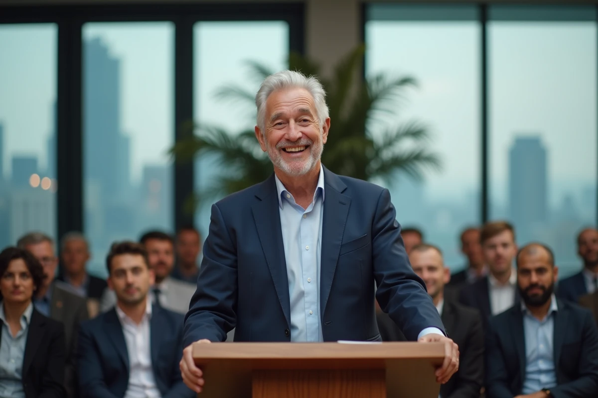 Homme senior prononçant un discours de départ en retraite devant ses collègues dans une salle de conférence moderne