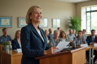 Femme souriante prononçant un discours de départ à la retraite dans une salle de réunion laïque devant ses collègues
