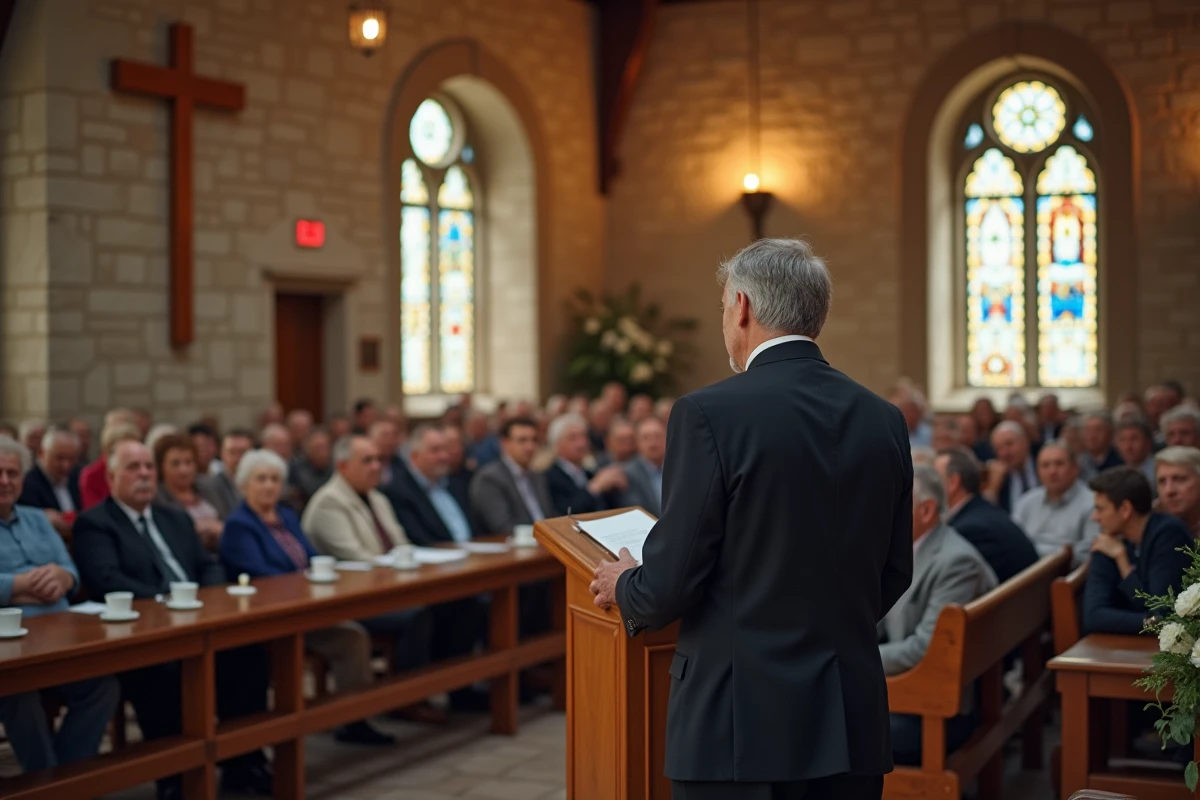 Homme en col romain prononçant un discours de départ à la retraite dans une salle paroissiale devant une assemblée religieuse