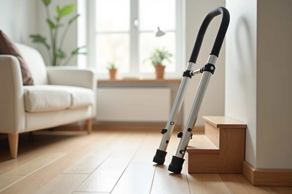 Dispositif portable d'aide à la montée des escaliers replié dans un petit appartement moderne, solution légère sans installation