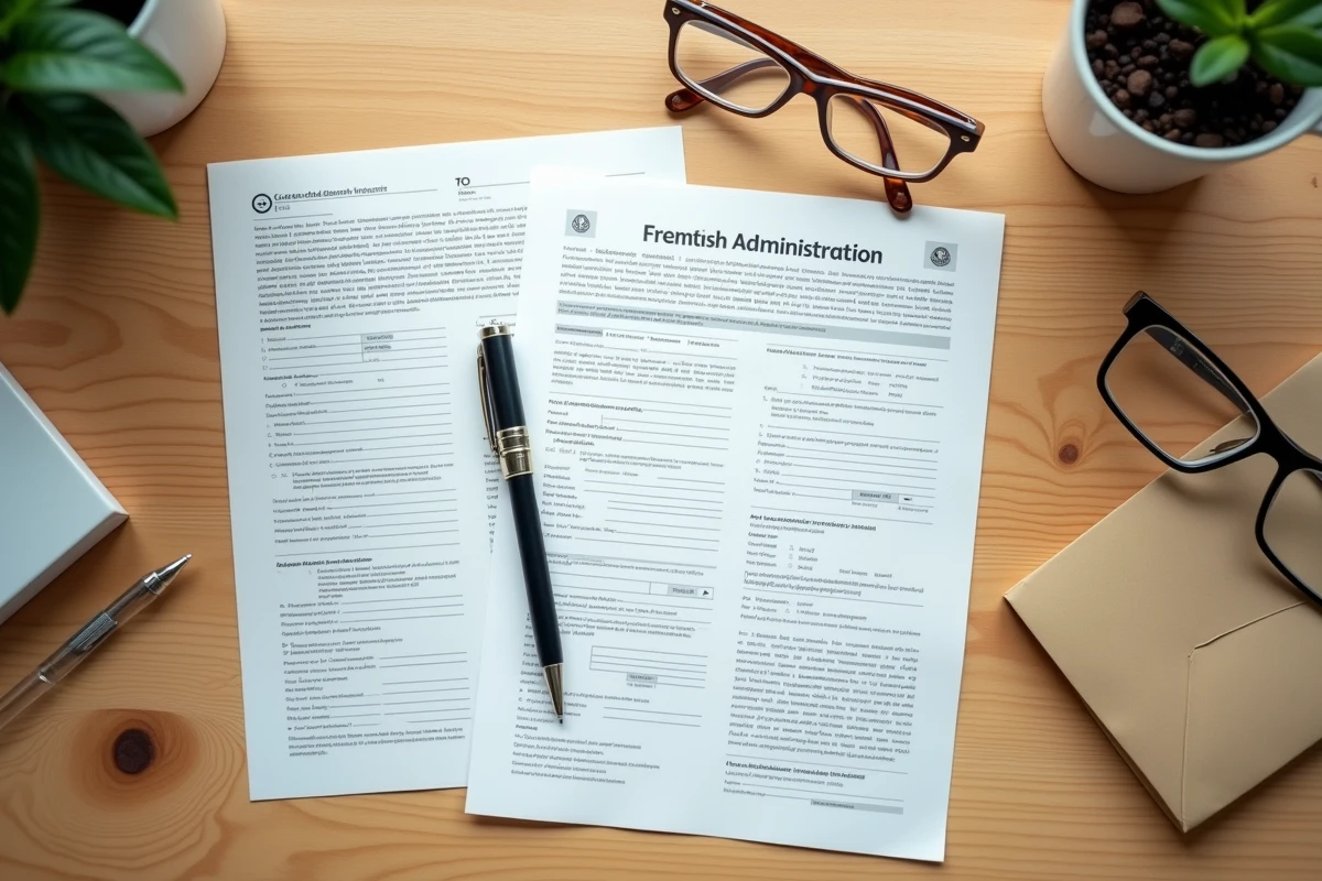 Vue en plongée de documents administratifs officiels pour une demande d'aide au décès CPAM sur un bureau en bois