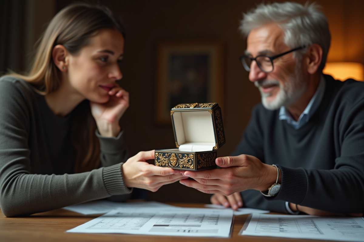 Un homme âgé passant une boîte à bijoux à une jeune femme