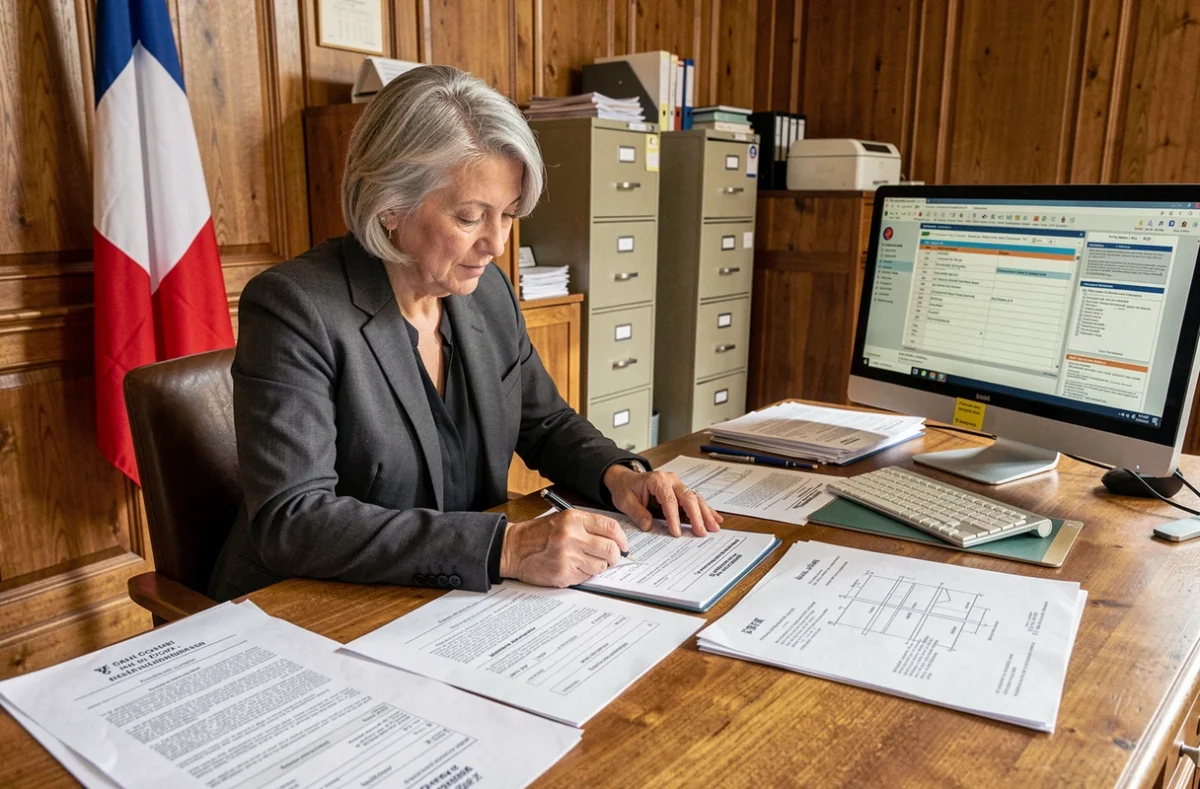 Fonctionnaire municipale étudiant un dossier d'autorisation pour élévateur PMR en mairie