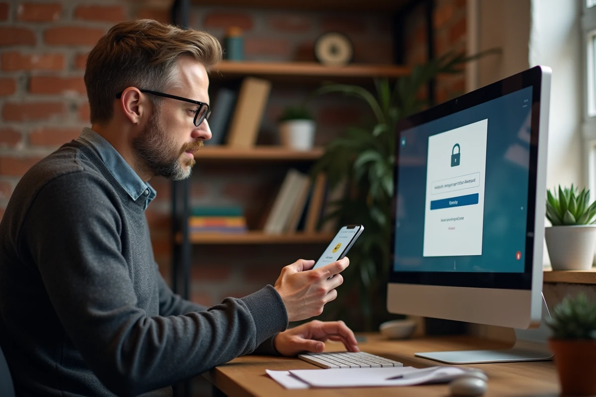 Homme utilisant la double authentification pour sécuriser son espace de gestion Proxima depuis son bureau à domicile