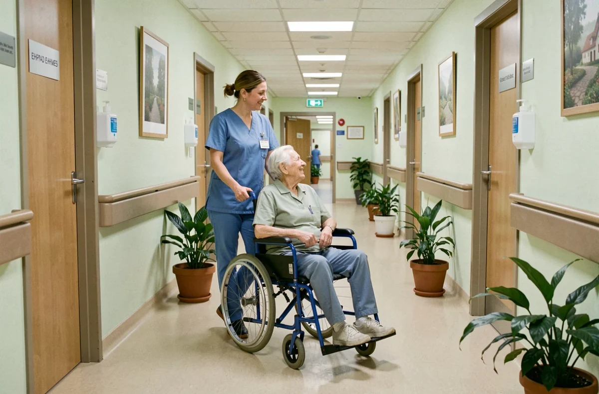 Infirmière accompagnant un résident en fauteuil roulant dans le couloir propre et professionnel de l'EHPAD du Centre Hospitalier de Nîmes