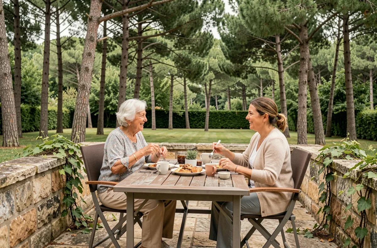 Résidente âgée et sa fille partageant un repas en famille sur la terrasse arborée de l'EHPAD Le Bosquet à Bagnols-sur-Cèze