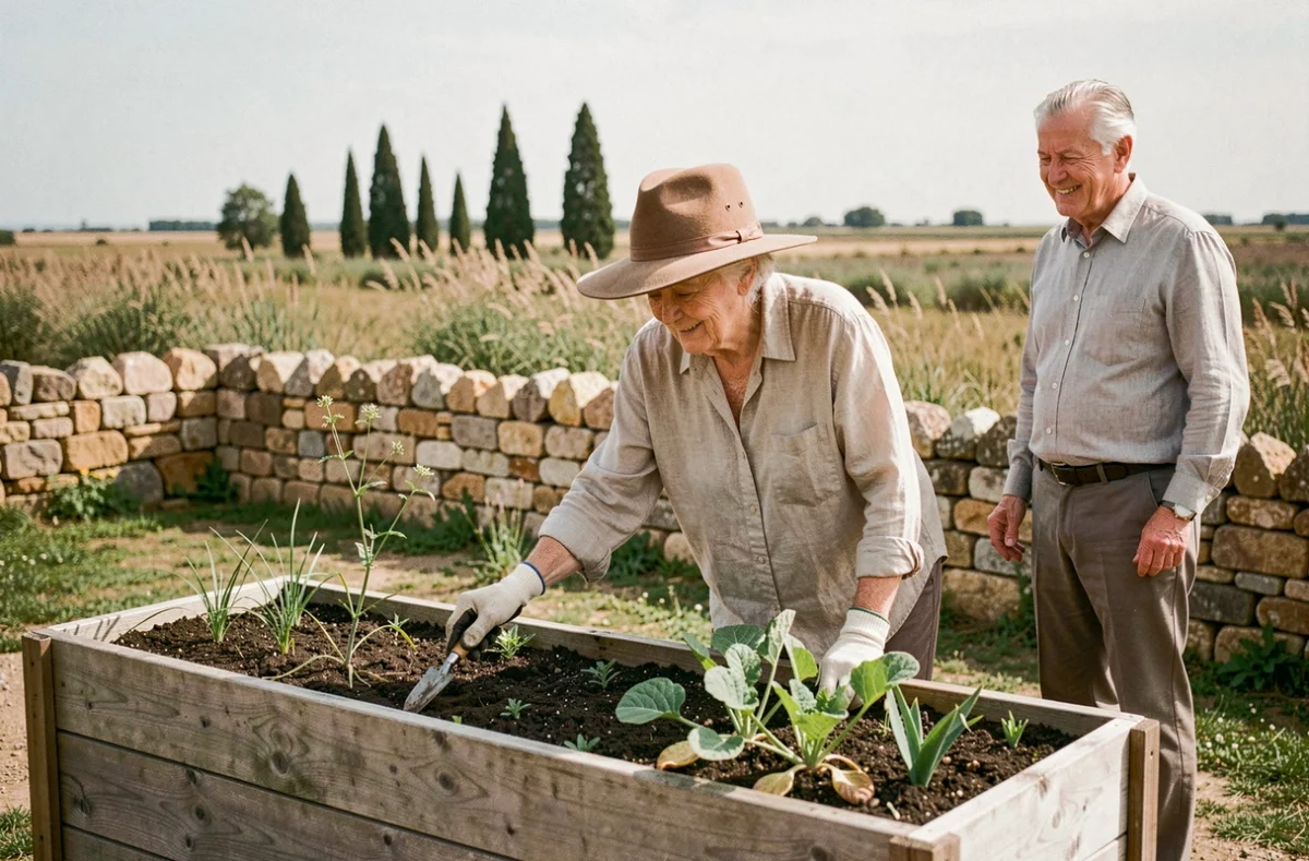 Résidente âgée jardinant dans le potager extérieur de l'EHPAD Les Jardins de Camargue à Vauvert, avec un paysage camarguais en arrière-plan