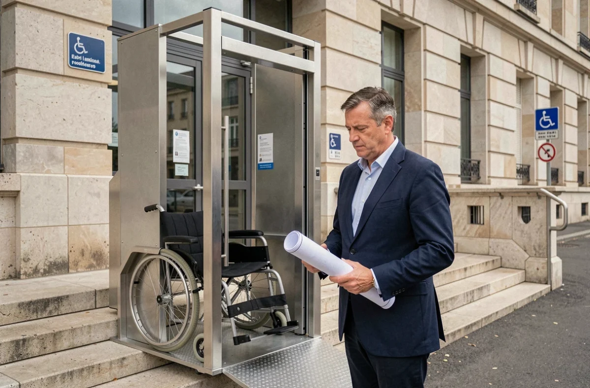 Architecte examinant un élévateur PMR installé à l'entrée d'un ERP en France