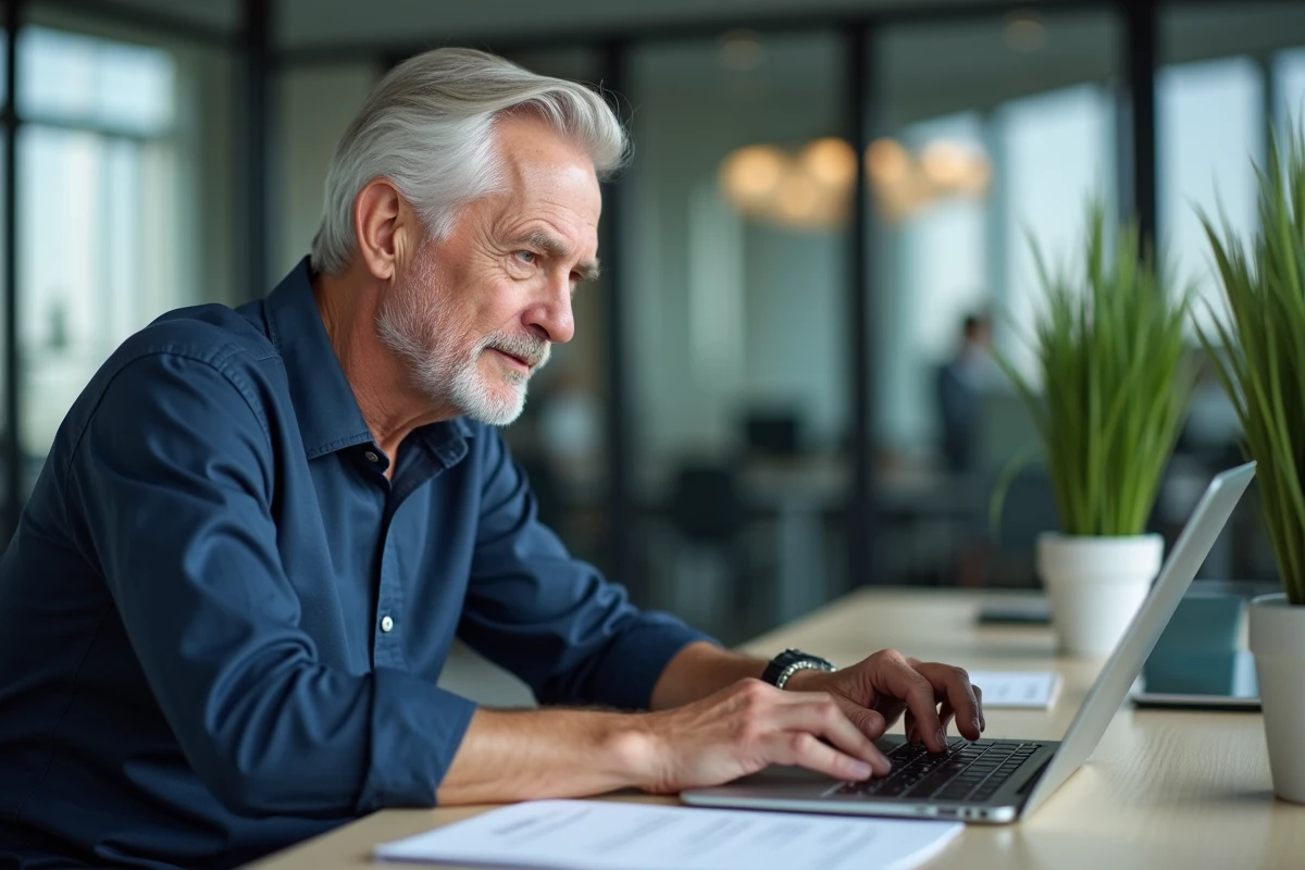 Homme d'âge mûr rédigeant un email de départ à la retraite sur un ordinateur portable au bureau