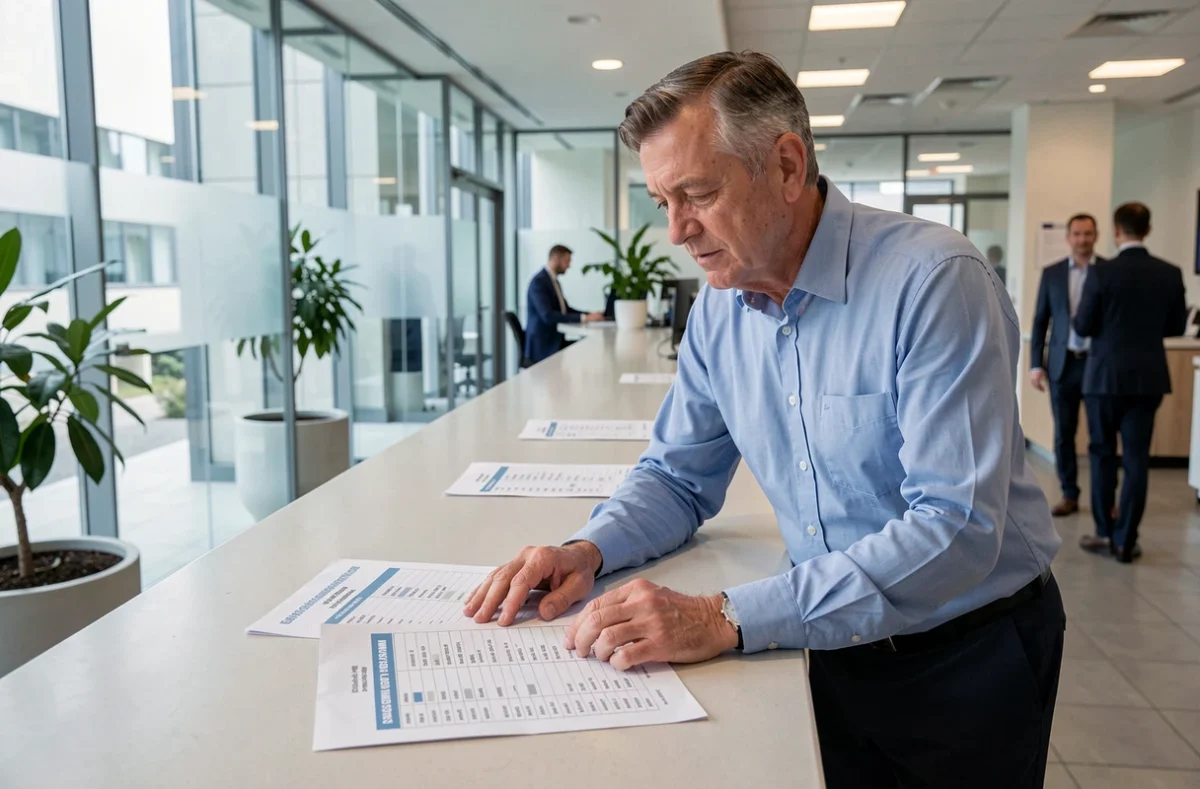 Enseignant agrégé consultant un tableau de grille indiciaire et de calcul de retraite dans un bureau administratif