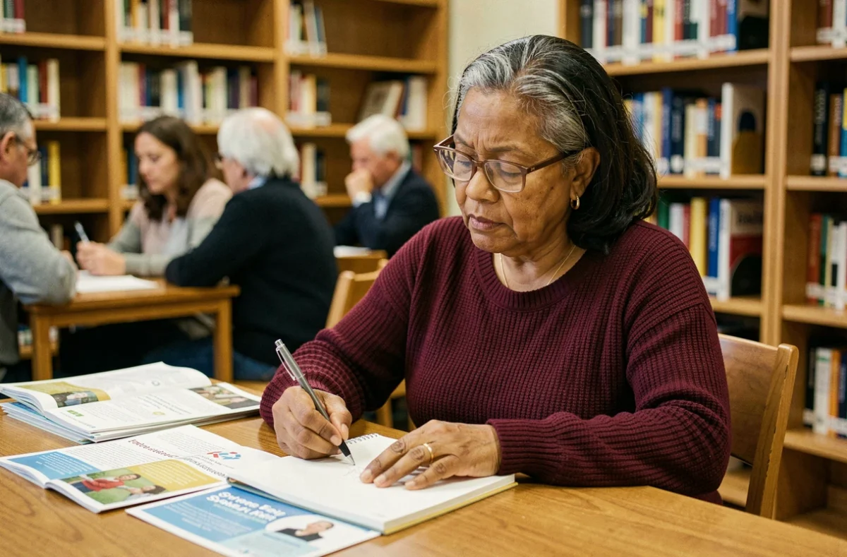 Femme senior prenant des notes sur des brochures d'information concernant les exceptions et aménagements disponibles pour les demandeurs d'emploi après 62 ans