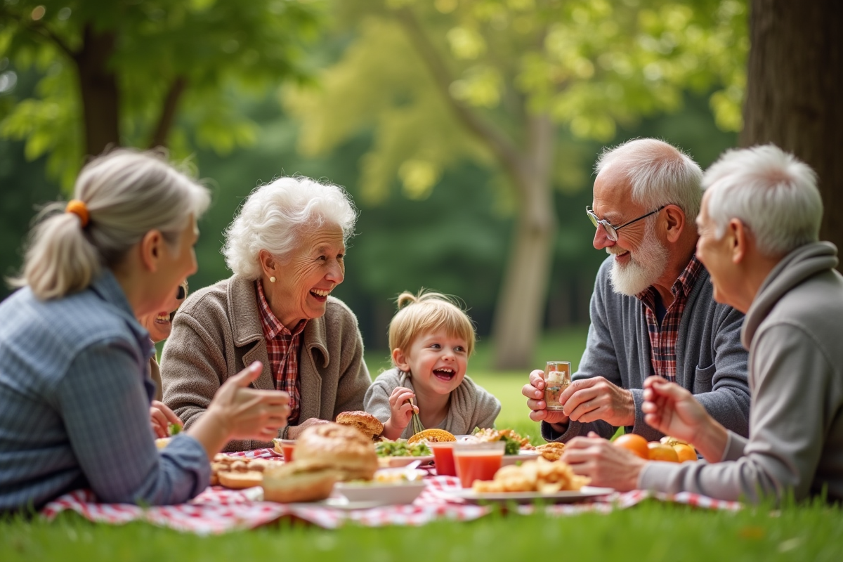 Famille belge multigenerations partageant un pique-nique en plein air