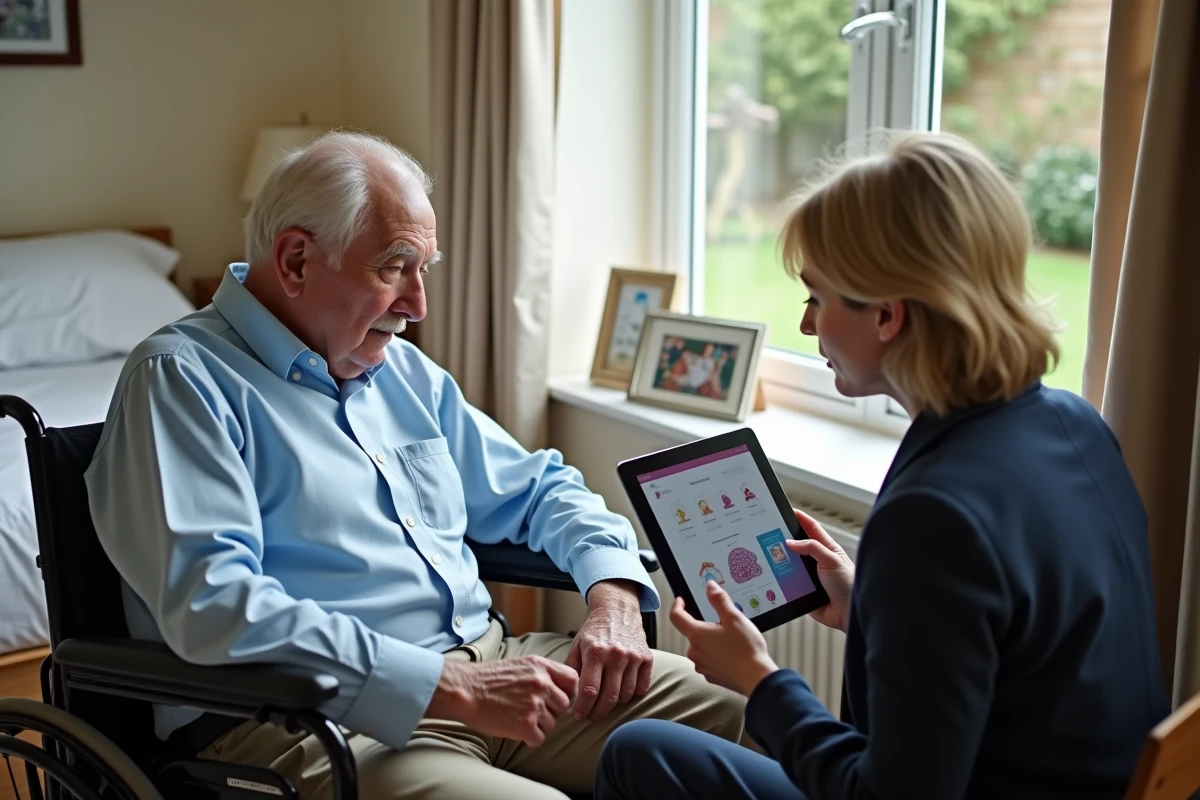 Un homme âgé en fauteuil roulant et sa fille consultent un comparatif d'EHPAD sur une tablette dans une chambre de maison de retraite