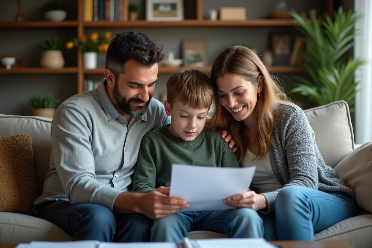 Famille discutant de papiers de conscription à la maison
