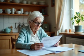 Une femme âgée examine des documents relatifs à l'ASPA et ses économies placées, assise à sa table de cuisine