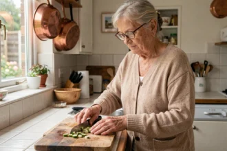 Femme âgée autonome préparant un repas seule dans sa cuisine à domicile, illustrant l'évaluation de l'autonomie fonctionnelle