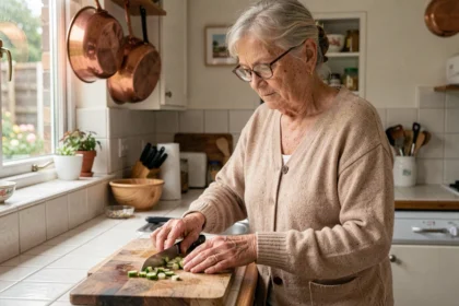 Femme âgée autonome préparant un repas seule dans sa cuisine à domicile, illustrant l'évaluation de l'autonomie fonctionnelle