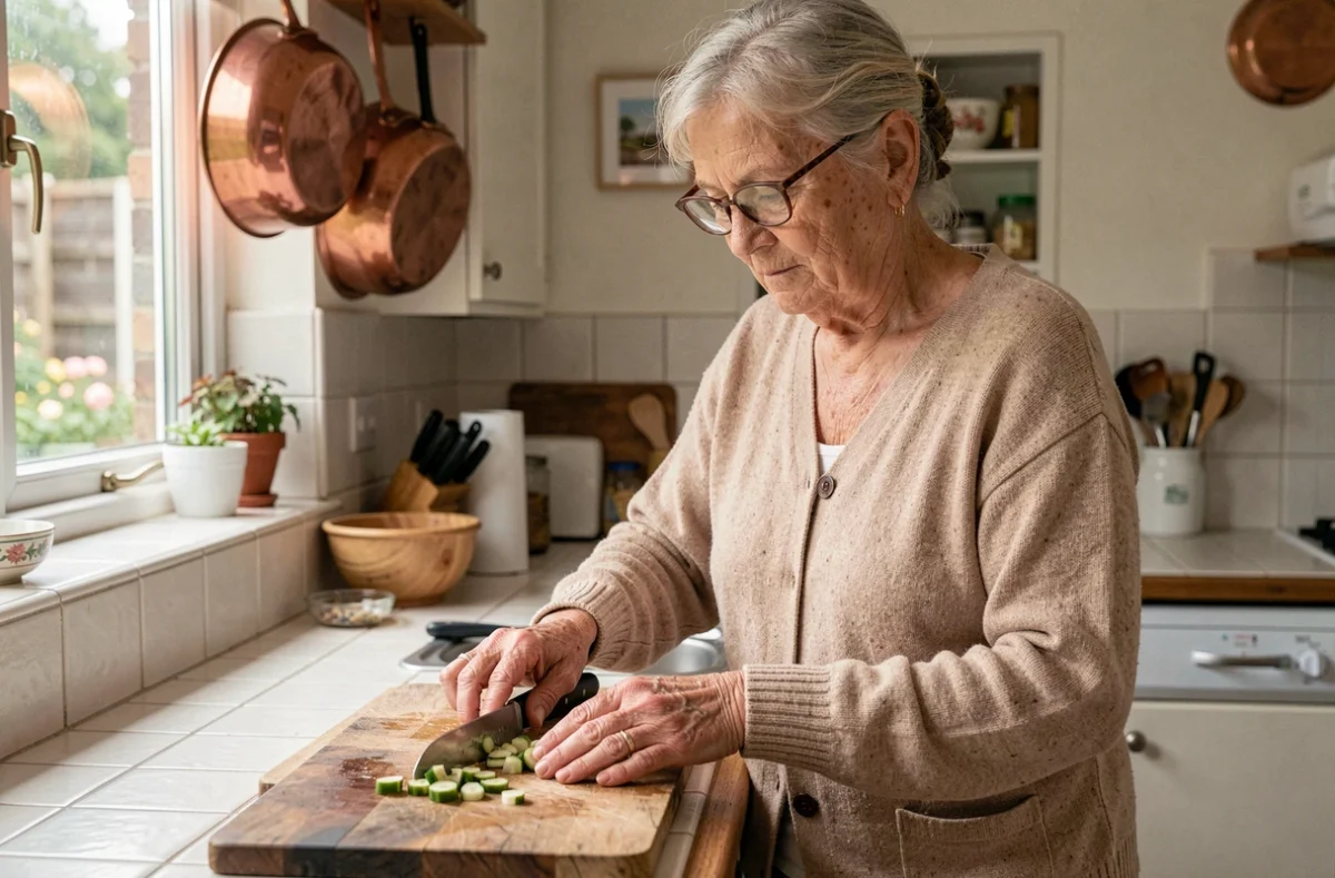 Femme âgée autonome préparant un repas seule dans sa cuisine à domicile, illustrant l'évaluation de l'autonomie fonctionnelle