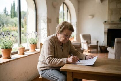 Une femme âgée examine les documents tarifaires d'une maison de retraite dans le Var